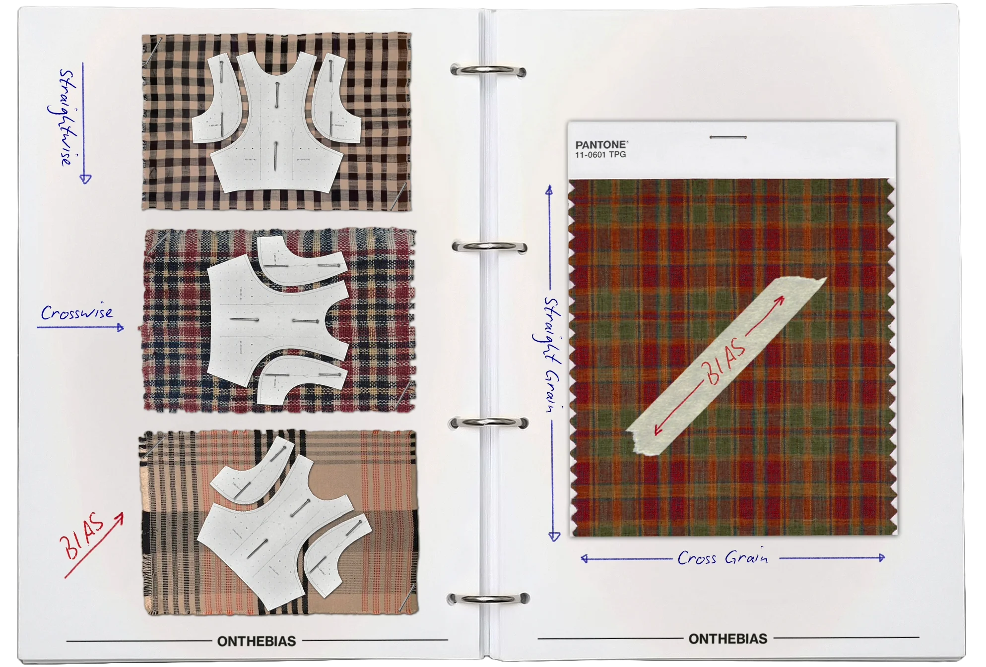 Bias-cut binder showing fabric grain directions