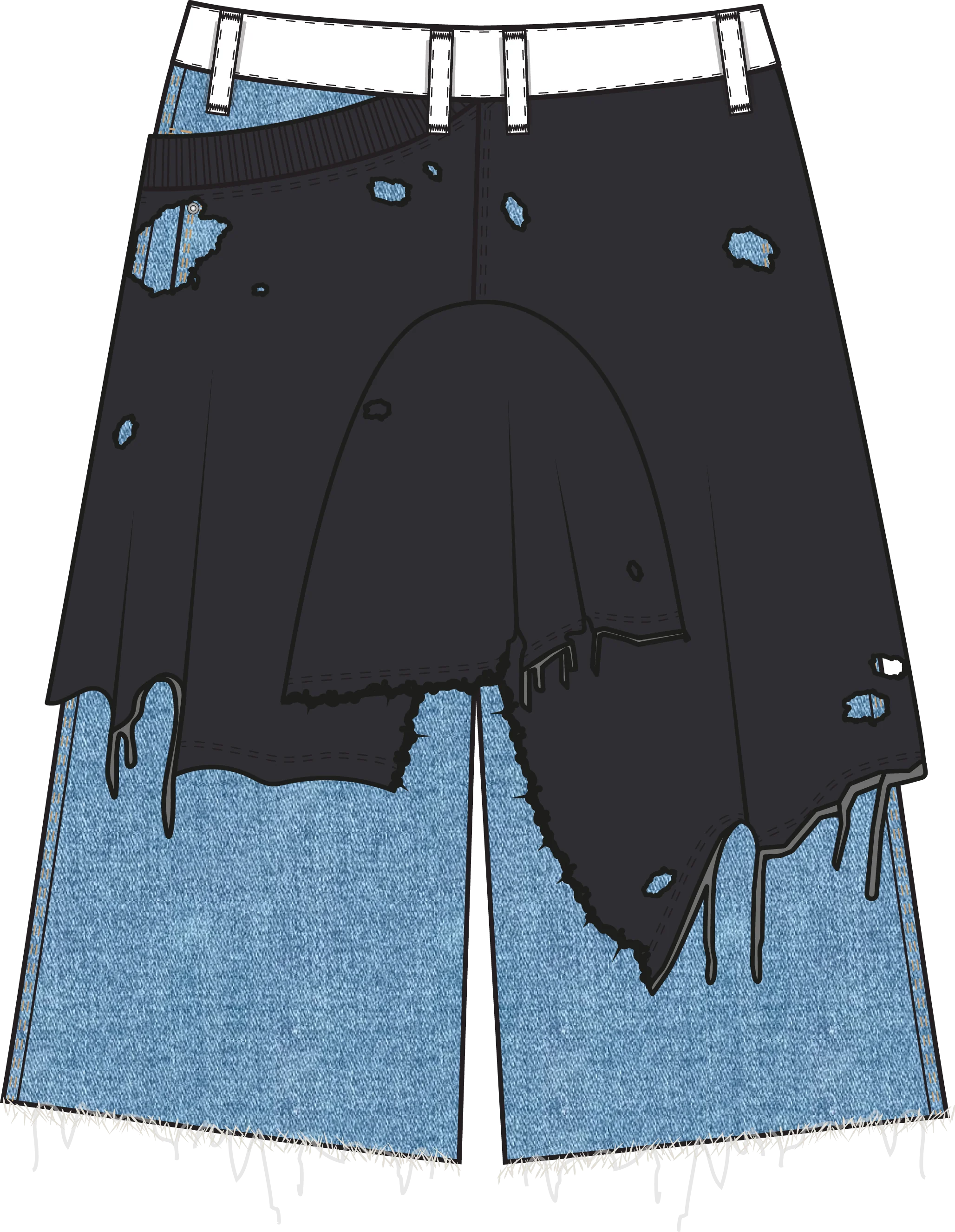 OTB distressed denim shorts flat sketch, back view