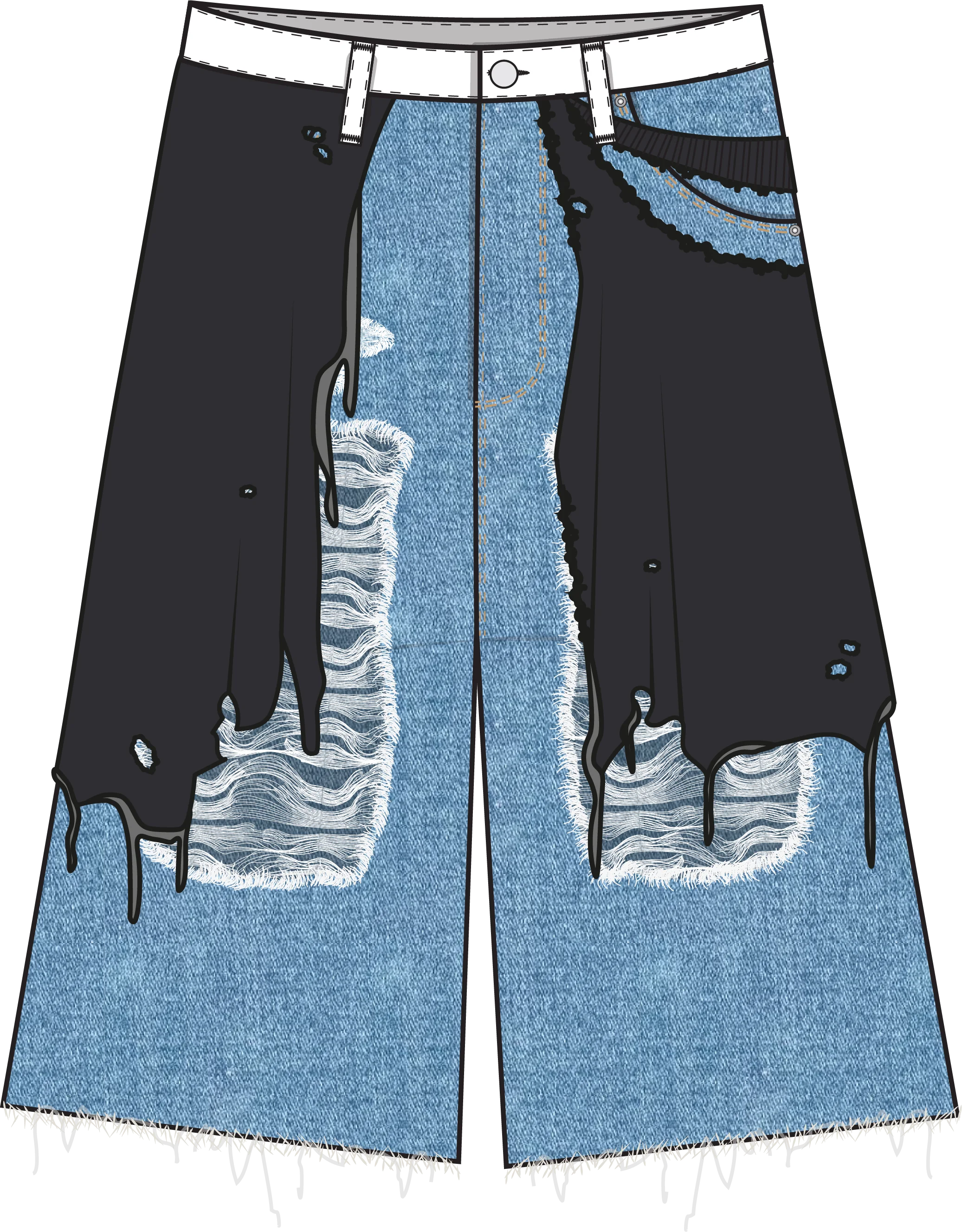 OTB distressed denim shorts flat sketch, front view
